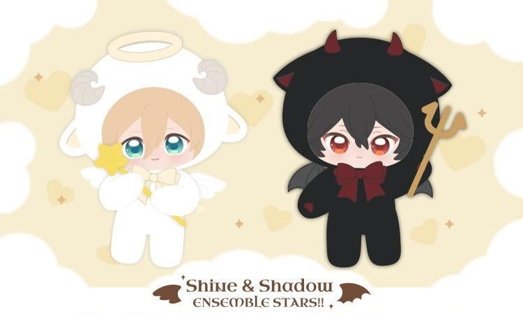 Eichi Tenshouin and Rei Sakuma, one angel and one devil, with text 'Shine & Shadow' and 'Ensemble Stars!' on a beige background.